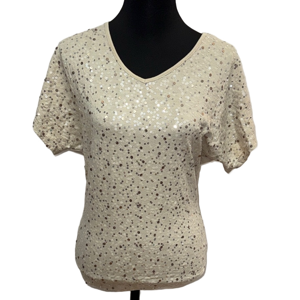 Studio Y Cream Sequin Short Sleeve Tee. Glitz Glam Fun
